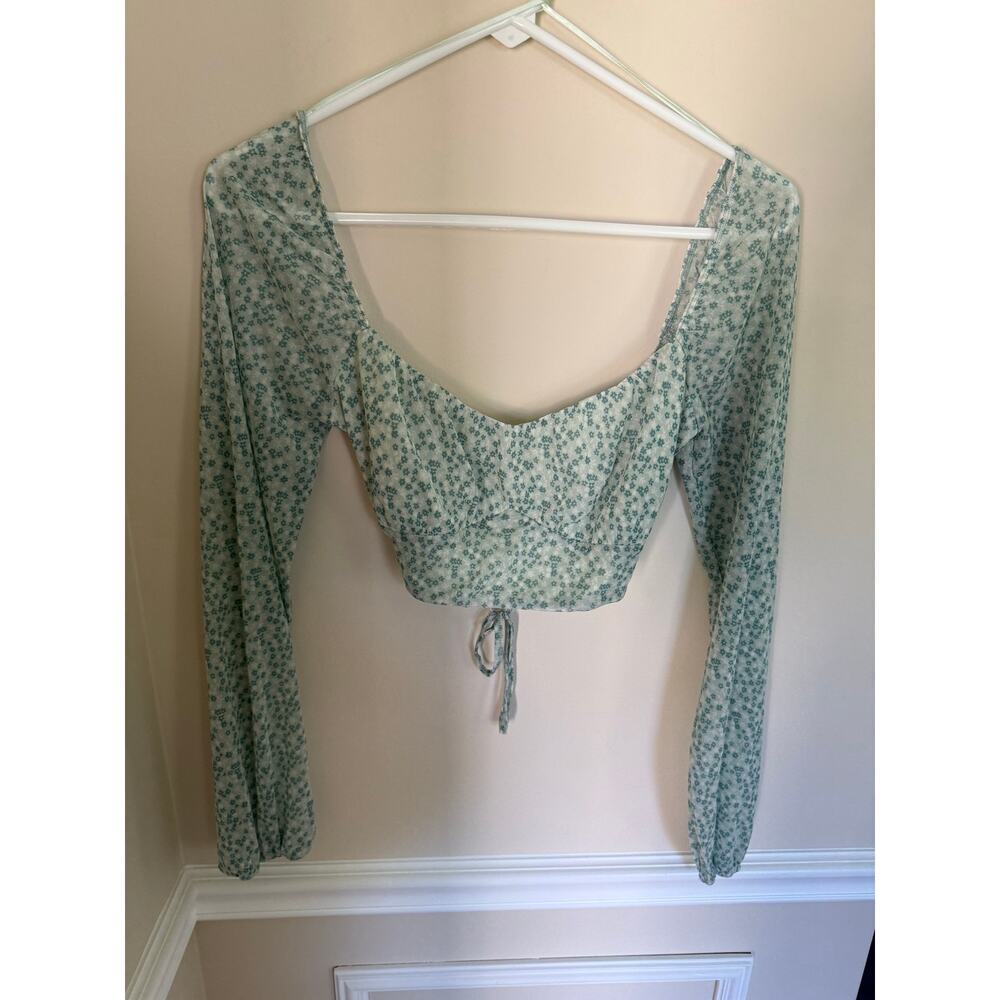 Altar’d State | Preppy Ditsy Green Floral Mesh Exterior Crop Top Tie-Up Back